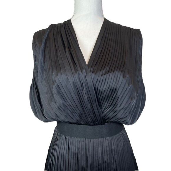 TOME Black Satin Cross Front Pleated Dress Elastic Stretch Waist Open Back Small - Picture 4 of 15